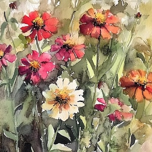 May include: Watercolor painting of a bouquet of pink, red, and white flowers with green leaves. The flowers are in various stages of bloom, with some fully open and others still in bud.