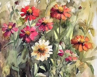 Pintura de acuarela de zinnias, impresión artística floral, arte de pared de zinnias, póster botánico, pintura de campo, impresión de flores de jardín, regalos para jardineros