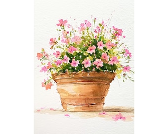 Pink Flower Pot Watercolor Print On Paper Floral Planter Garden Flowers Soft Cottage Wall Art Decor For Kitchen Bedroom