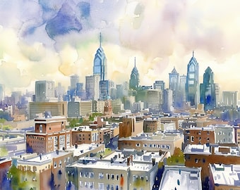 Puede incluir: Una pintura de acuarela del horizonte de Filadelfia con un cielo nublado. La pintura presenta los icónicos rascacielos de la ciudad, incluyendo el Liberty Bell Center y el Comcast Center.