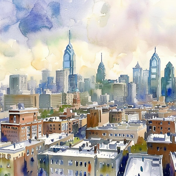 Philadelphia Painting Cityscape Watercolor Art Print Philadelphia Skyline Wall Art Landscape Art Travel Poster