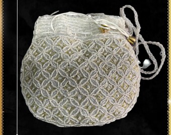 handcrafted designer white and golden color work zari/zardosi potli bags or wristlets with beads handles for girls/women