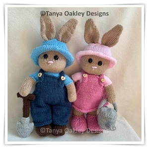 Puede incluir: Dos muñecos de conejo tejidos de Tanya Oakley Designs. El conejo de la izquierda lleva un sombrero azul, camisa azul y peto azul oscuro con una pala gris. El conejo de la derecha lleva un sombrero rosa, camisa rosa y vestido rosa con una regadera gris.