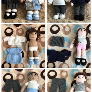May include: A set of knitted dolls with various outfits, including a blue dress, a white shirt, a navy blue jumper, and grey trousers. The dolls are all wearing shoes and have brown hair.
