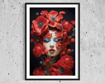 Art print Young woman with poppies, Poster on photographic paper, contemporary art, fashion and flowers