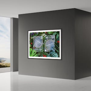 May include: Two black Technics SL-1200 turntables with silver platters are surrounded by green plants and flowers in a framed photograph.
