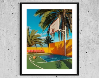 May include: A basketball hoop with a net is set up on a green court surrounded by palm trees and a yellow wall. A basketball sits on the court.