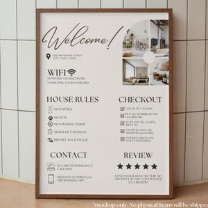 Può includere: Un cartello incorniciato con un bordo in legno, con la scritta "Welcome!" in elegante calligrafia. Il cartello include regole della casa, istruzioni per il check-out, informazioni di contatto e una sezione di recensione. Mostra anche una rete e una password WiFi.