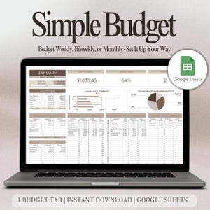 Peut inclure: Un ordinateur portable affiche un modèle de feuille de calcul "Simple Budget". L'écran présente un résumé financier avec des catégories de revenus, de dépenses et d'économies. Le logo Google Sheets est visible, avec le texte "Budget Weekly, Biweekly, or Monthly - Set It Up Your Way."