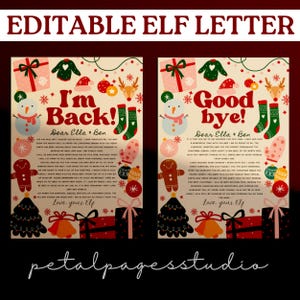 Könnte beinhalten: Zwei druckbare Weihnachtsbriefe mit den Texten "I'm Back!" und "Good Bye!" in Rot. Die Briefe zeigen festliche Illustrationen von Schneemännern, Geschenken, Lebkuchenmännern und Weihnachtsbäumen. Die Briefe sind für Kinder gedacht.