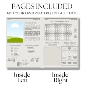 May include: A printable wedding guest book with a newspaper-style design. The pages include a love story, a word search, a message for the newlyweds, and a wedding bingo game. The text on the cover reads "Pages Included Add Your Own Photos | Edit All Texts".