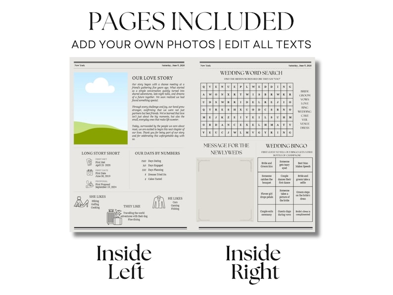 May include: A printable wedding guest book with a newspaper-style design. The pages include a love story, a word search, a message for the newlyweds, and a wedding bingo game. The text on the cover reads "Pages Included Add Your Own Photos | Edit All Texts".