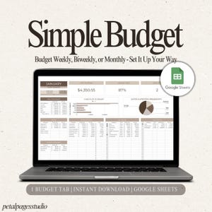 Puede incluir: Una pantalla de portátil que muestra una plantilla de presupuesto Simple Budget en Google Sheets con un panel de enero, resumen de flujo de caja, gráfico circular y tablas de gastos. La interfaz presenta tonos marrones y blancos, con el texto Simple Budget, Budget Weekly, Biweekly, or Monthly - Set It Up Your Way, y 1 Budget Tab | Instant Download | Google Sheets.