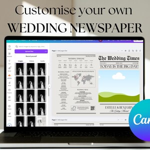 May include: A laptop computer screen displaying a Canva design template for a wedding newspaper. The template features a wedding timeline, a map of the world, a wedding menu, and a headline that reads "The Wedding Times." The text "TODAY IS THE BIG DAY!" is also visible on the template.