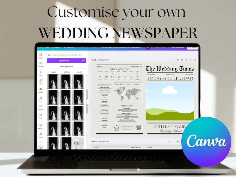 May include: A laptop computer screen displaying a Canva design template for a wedding newspaper. The template features a wedding timeline, a map of the world, a wedding menu, and a headline that reads "The Wedding Times." The text "TODAY IS THE BIG DAY!" is also visible on the template.