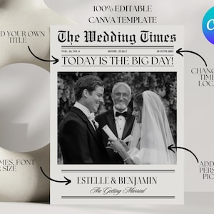 May include: A black and white wedding announcement template with the text "The Wedding Times" and "Today is the Big Day!"  The template features a photo of a couple getting married, with the bride and groom's names "Estelle & Benjamin" and the text "Are Getting Married".