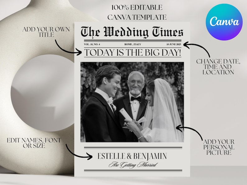 May include: A black and white wedding announcement template with the text "The Wedding Times" and "Today is the Big Day!"  The template features a photo of a couple getting married, with the bride and groom's names "Estelle & Benjamin" and the text "Are Getting Married".