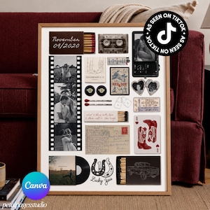 May include: A framed collage featuring black and white film strips of a couple, a cassette tape, a matchbox labeled November 09 2020, a vintage postcard, a playing card with red boots, a heart-shaped locket, and a vinyl record with a horseshoe graphic.