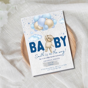 Teddy Bear Baby Shower Invitation: Blue Balloon Theme (Digital Download)