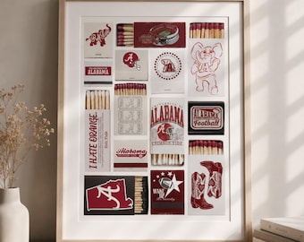 Alabama Crimson Tide Wall Art, University of Alabama Dorm Decor, Roll Tide Football Poster, College Matchbook Print, Bama Gift