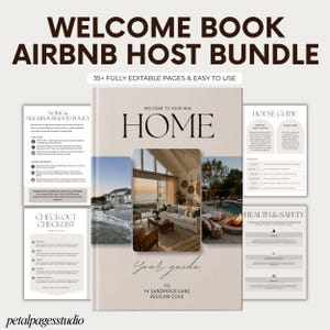 May include: A digital welcome book bundle for Airbnb hosts featuring 35+ editable pages. The cover displays the text WELCOME BOOK AIRBNB HOST BUNDLE, HOME, and Your guide to 14 Sandpiper Lane Pelican Cove, with interior page layouts shown.