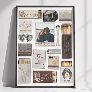 Può includere: Collage incorniciato con scatole di fiammiferi, foto e testo. Include una foto di coppia, una cornice a forma di cuore e il testo "Est. 28.02.2022", "The Perfect Match", "You light up the room" e "Zach Bryan".