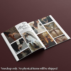 May include: An open magazine spread featuring a layout with multiple images. The magazine's title reads "Her effortless touch." The images showcase various fashion and lifestyle scenes, including models in dresses and elegant settings. The background is a dark maroon color.
