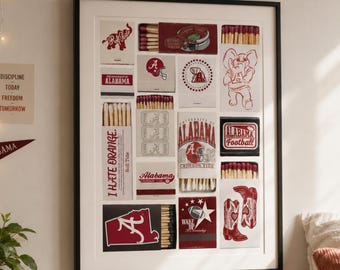 Alabama Crimson Tide Wall Art, University of Alabama Dorm Decor, Roll Tide Football Poster, College Matchbook Print, Bama Gift