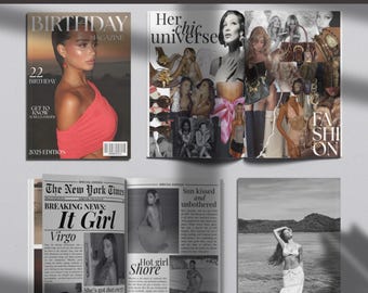 Modèle de magazine d'anniversaire modifiable Canva : cadeau photo personnalisé (téléchargement numérique A4)