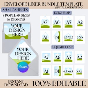 May include: A digital download template for printable envelope liners. The template includes 16 designs in 8 popular sizes, including A7, A6, A5, A2, DL, 6.5 x 6.5, and 5 x 5. The template is 100% editable and can be used with Canva. The image shows two examples of the envelope liners with the text "Your Design Here".