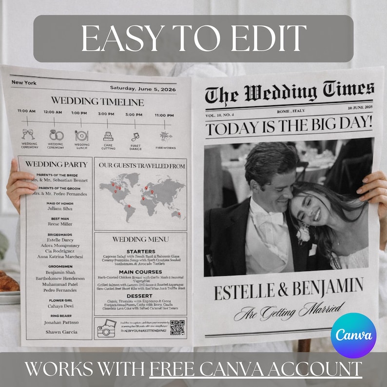 Editable Wedding Newspaper Template with Photo | Custom Wedding Program | Itinerary & Keepsake | Newlywed Times Style image 4