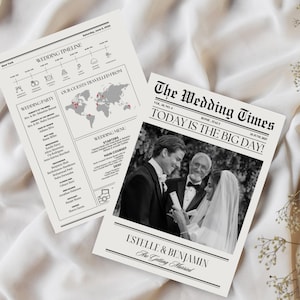 May include: A black and white newspaper style wedding announcement with the headline "The Wedding Times" and the text "Today is the Big Day!"  The announcement features a photo of a bride and groom getting married. The text "Estelle & Benjamin Are Getting Married" is at the bottom of the announcement.