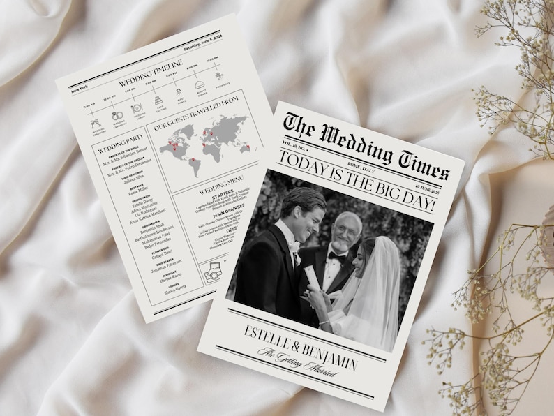 May include: A black and white newspaper style wedding announcement with the headline "The Wedding Times" and the text "Today is the Big Day!"  The announcement features a photo of a bride and groom getting married. The text "Estelle & Benjamin Are Getting Married" is at the bottom of the announcement.