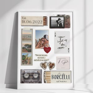 May include: A white framed collage with a variety of images and text. The images include a couple, a beach, a camera, a matchbox, a cassette tape, and a locket. The text includes the date "18.06.2022", "You are my sun, my moon, and all of my stars", "You light up the room", "T+P", and "BORCELLE RESTAURANT".