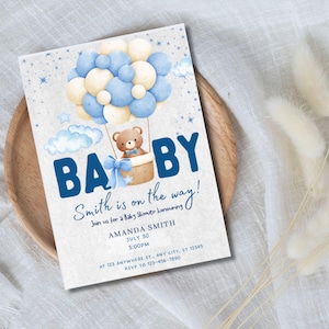 Blue Teddy Bear Baby Shower Invitation: Balloon Theme (Digital Template)