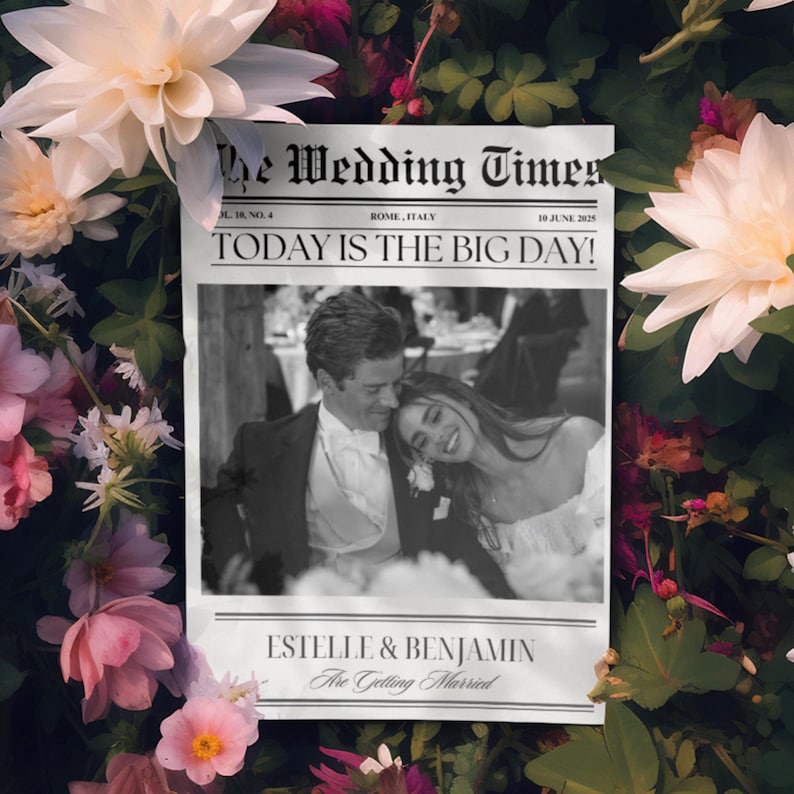 Editable Wedding Newspaper Template with Photo | Custom Wedding Program | Itinerary & Keepsake | Newlywed Times Style image 1