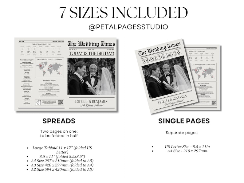 May include: A digital illustration of a wedding announcement in the style of a newspaper. The announcement features a photo of a couple in black and white, with the headline "The Wedding Times" and the text "Today is the Big Day!" The announcement includes the couple's names, "Estelle & Benjamin", and the text "The Getting Hitched". The announcement is available in seven different sizes, including a large tabloid size, a US letter size, and A4, A3, and A2 sizes.