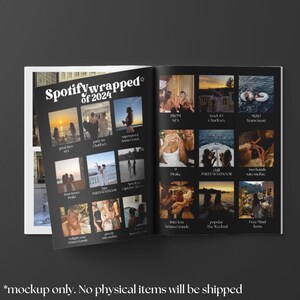 May include: A spread of a Spotify Wrapped of 2024 magazine. The cover features the text "Spotify Wrapped of 2024" in white. The magazine displays photos of artists and song titles, including SZA, Drake, and Ariana Grande. The background is black.