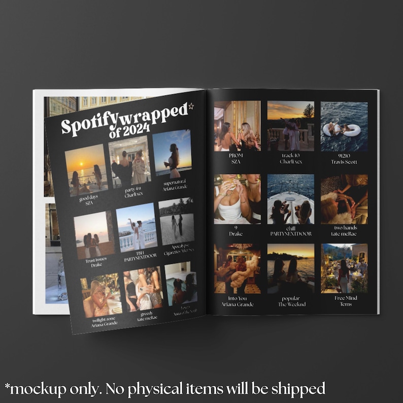 May include: A spread of a Spotify Wrapped of 2024 magazine. The cover features the text "Spotify Wrapped of 2024" in white. The magazine displays photos of artists and song titles, including SZA, Drake, and Ariana Grande. The background is black.