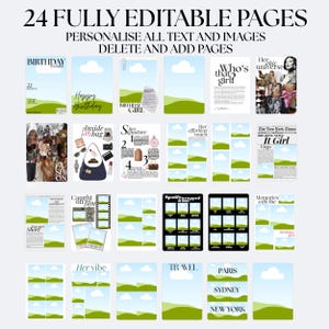 May include: A collection of 24 fully editable pages with customizable text and images. The pages feature various themes, including birthday, travel, and fashion, with a light blue and green color scheme.