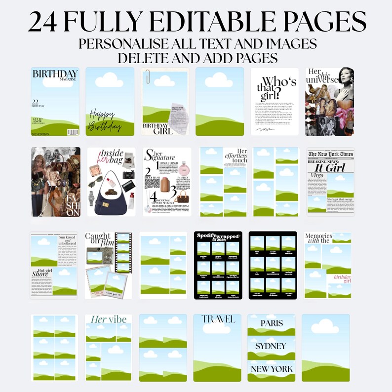 May include: A collection of 24 fully editable pages with customizable text and images. The pages feature various themes, including birthday, travel, and fashion, with a light blue and green color scheme.