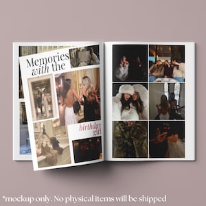 May include: Open photo album with the text "Memories with the birthday girl." The album features a collage of photos, including images of people in formal wear and fur coats. The background is a light mauve color.