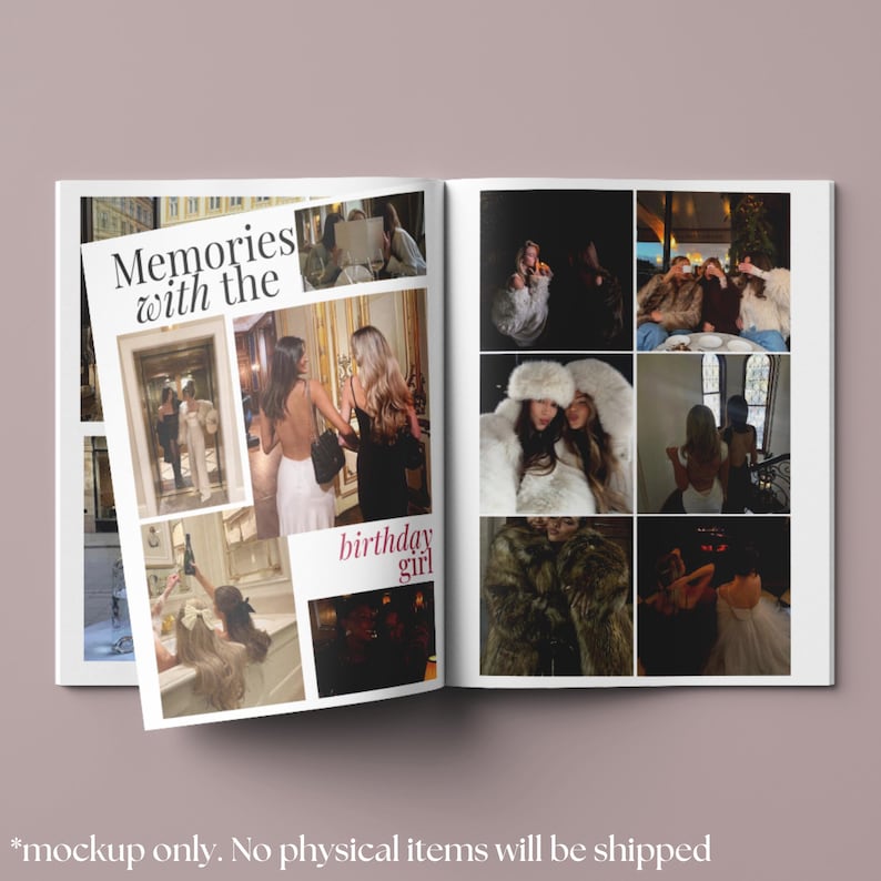 May include: Open photo album with the text "Memories with the birthday girl." The album features a collage of photos, including images of people in formal wear and fur coats. The background is a light mauve color.