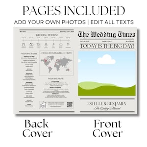 May include: A wedding invitation template with a newspaper design. The front cover features a green hill, a blue sky with a white cloud, and the text "The Wedding Times" and "Today is the Big Day!" The back cover features a wedding timeline, a map of the world showing where guests traveled from, and a wedding menu.