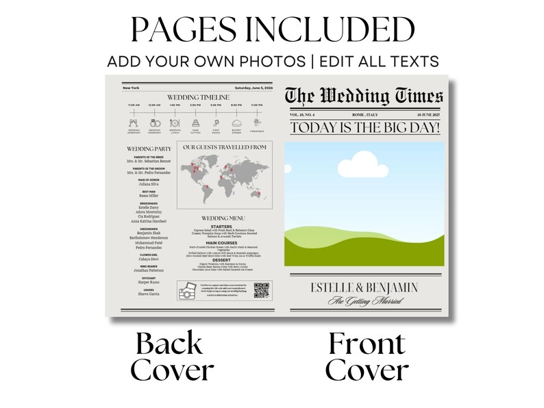 May include: A wedding invitation template with a newspaper design. The front cover features a green hill, a blue sky with a white cloud, and the text "The Wedding Times" and "Today is the Big Day!" The back cover features a wedding timeline, a map of the world showing where guests traveled from, and a wedding menu.