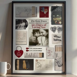 Peut inclure: Un collage encadré présentant divers objets : un CD, un journal avec le titre "365 Days of Loving You", des boîtes d'allumettes, des cartes postales et des photos en forme de cœur. Le collage comprend le texte "COLOSSIANS 3:13" et "22 June 2024".