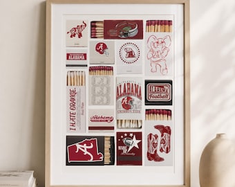 Alabama Crimson Tide Wall Art, University of Alabama Dorm Decor, Roll Tide Football Poster, College Matchbook Print, Bama Gift