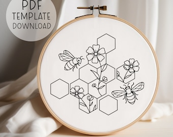 Honingraat borduurpatroon, Bijenborduurpatroon, Bosachtig borduurpatroon om te downloaden, Lenteborduurwerk, Bloemenborduurpatronen, Uniek cadeau