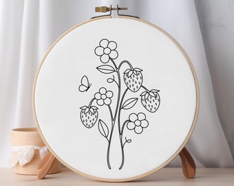 Strawberry Plant Embroidery Pattern PDF Download, Cute Strawberry Decor DIY, Fruit Embroidery Design Strawberry Embroidery Kitchen Decor