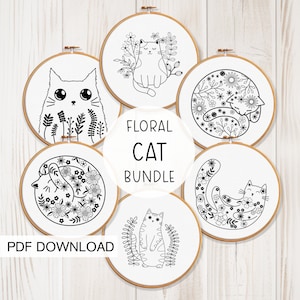 6 Floral Cats BUNDLE Embroidery Pattern Templates - INSTANT DOWNLOAD pdf - Modern cat embroideries.